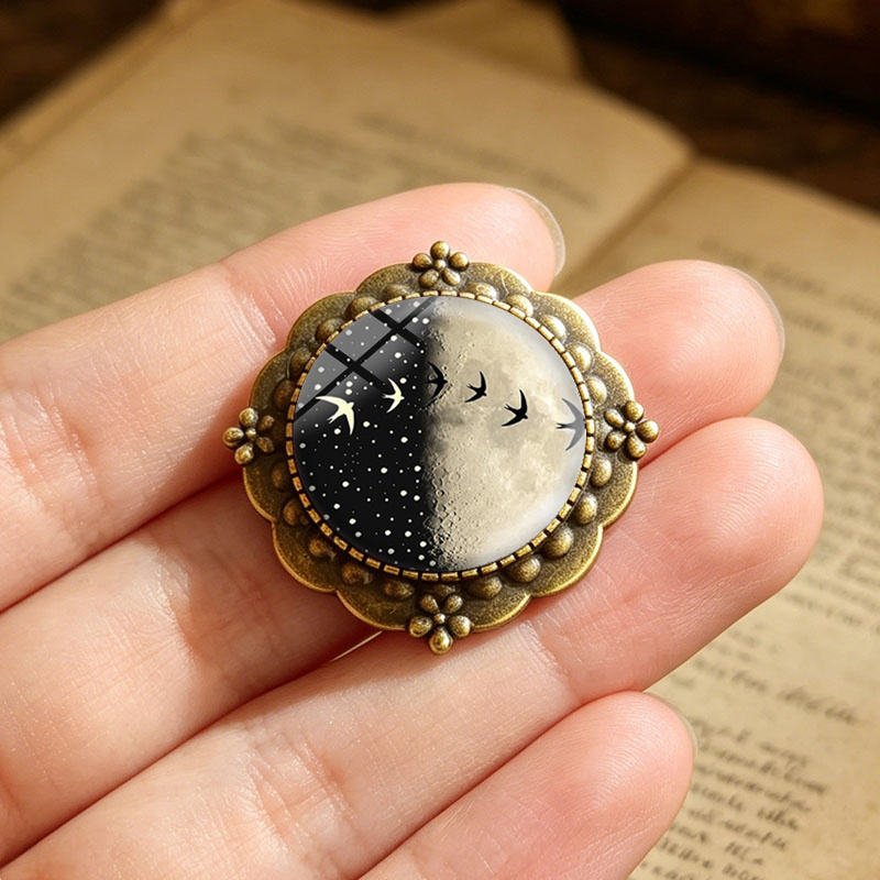 Moon & Swallows Starry Night Round Glass Flower Brooch